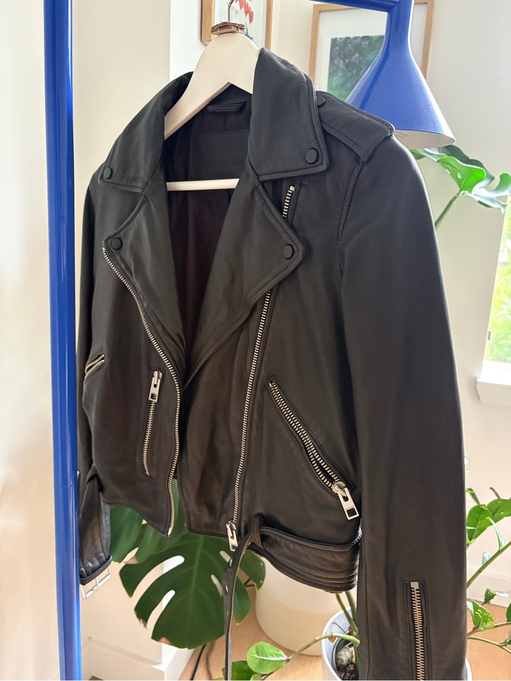 AllSaints Black Leather Biker Jacket with Silver Zippers
